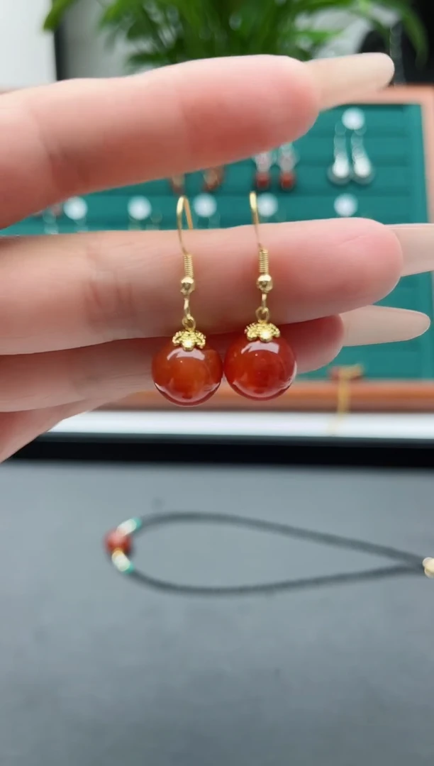 【闪购商品】玛瑙/玉髓耳饰银S925镀金镶嵌1138龙鳞玛瑙