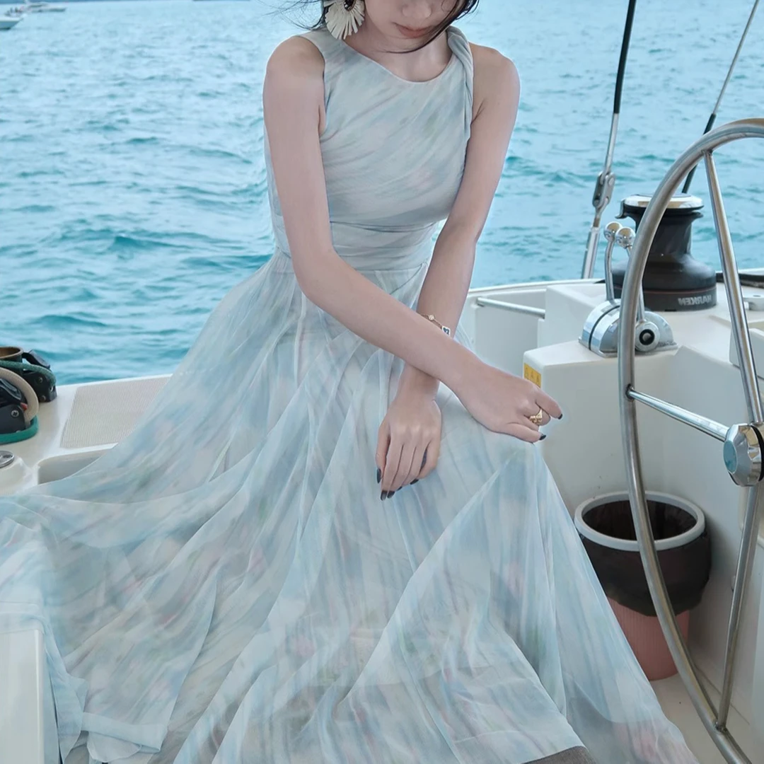 【摩登情人】法式复古无袖气质显瘦连衣裙设计感收腰长裙新款裙子女