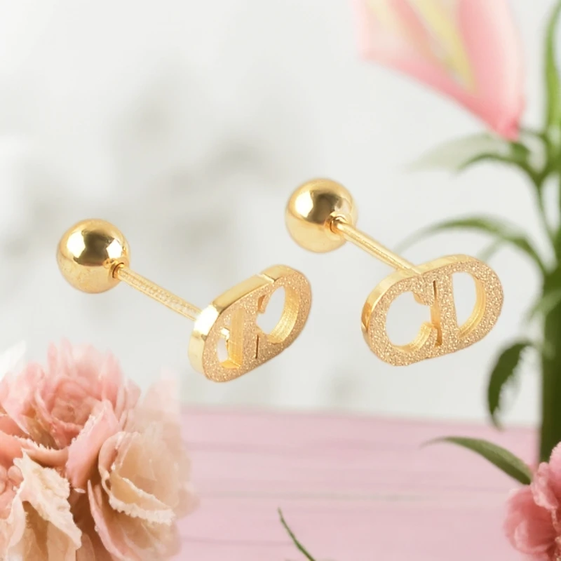 钛钢耳饰 磨砂CD猪鼻子耳钉镂空几何小耳钉时尚简约精致金色百搭