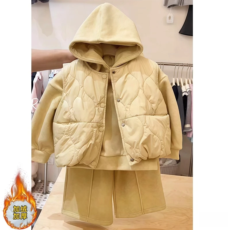 女童加绒卫衣卫裤马甲三件套2025新款秋冬一体绒运动套装加厚夹棉