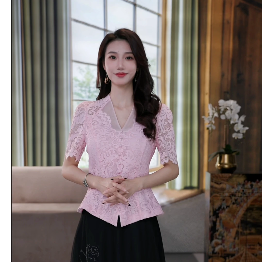 SUSSI/古色“港风复古”夏季蕾丝镂空优雅企领浅粉色短袖上衣