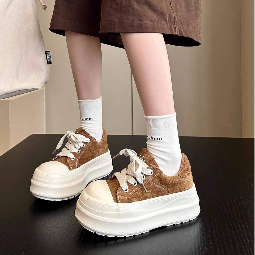 真皮丑萌大头鞋女2025秋季新款面包鞋松糕厚底板鞋休闲百搭运动鞋