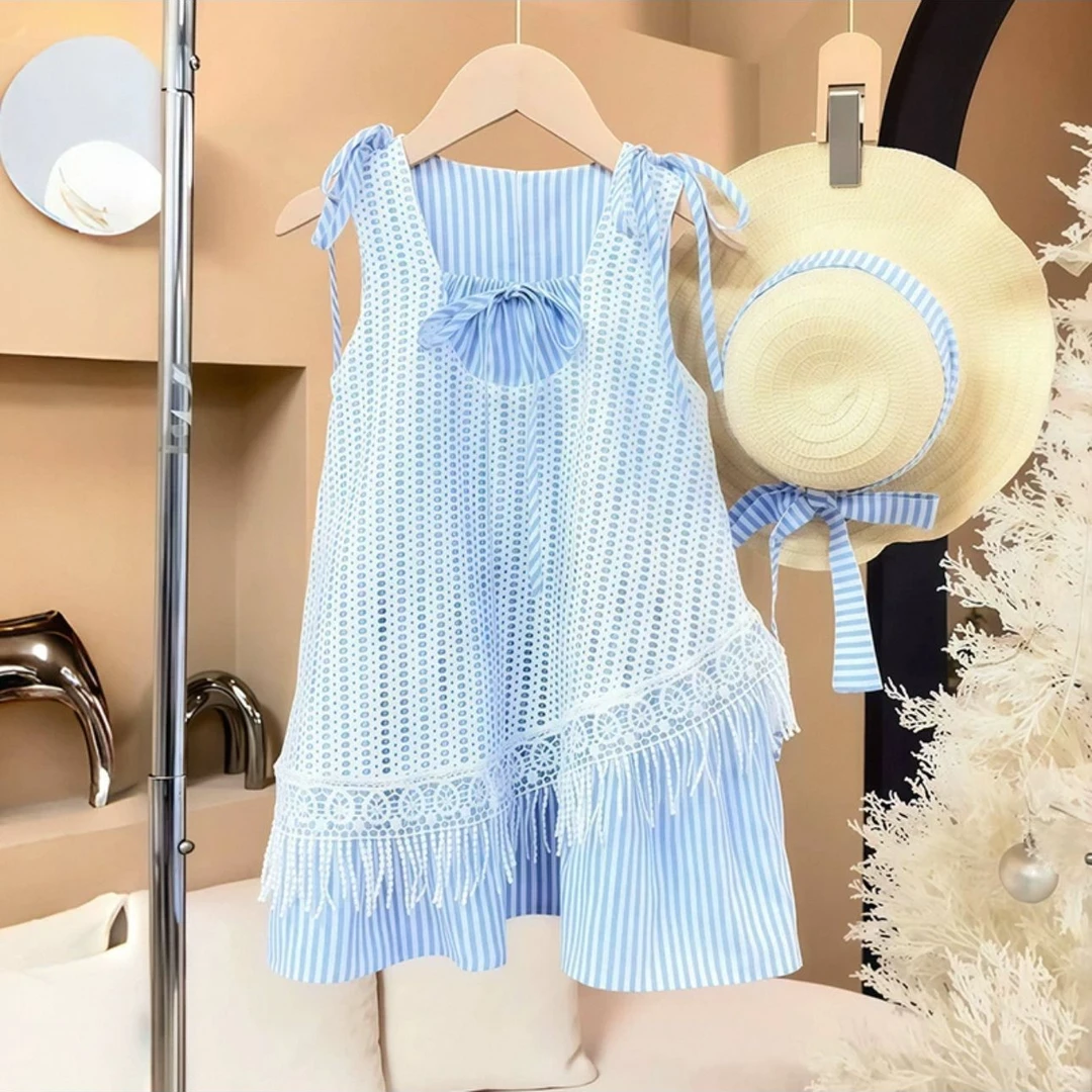 【送帽子】女童夏季新款假两件洋气花边吊带裙女宝宝2025条纹裙
