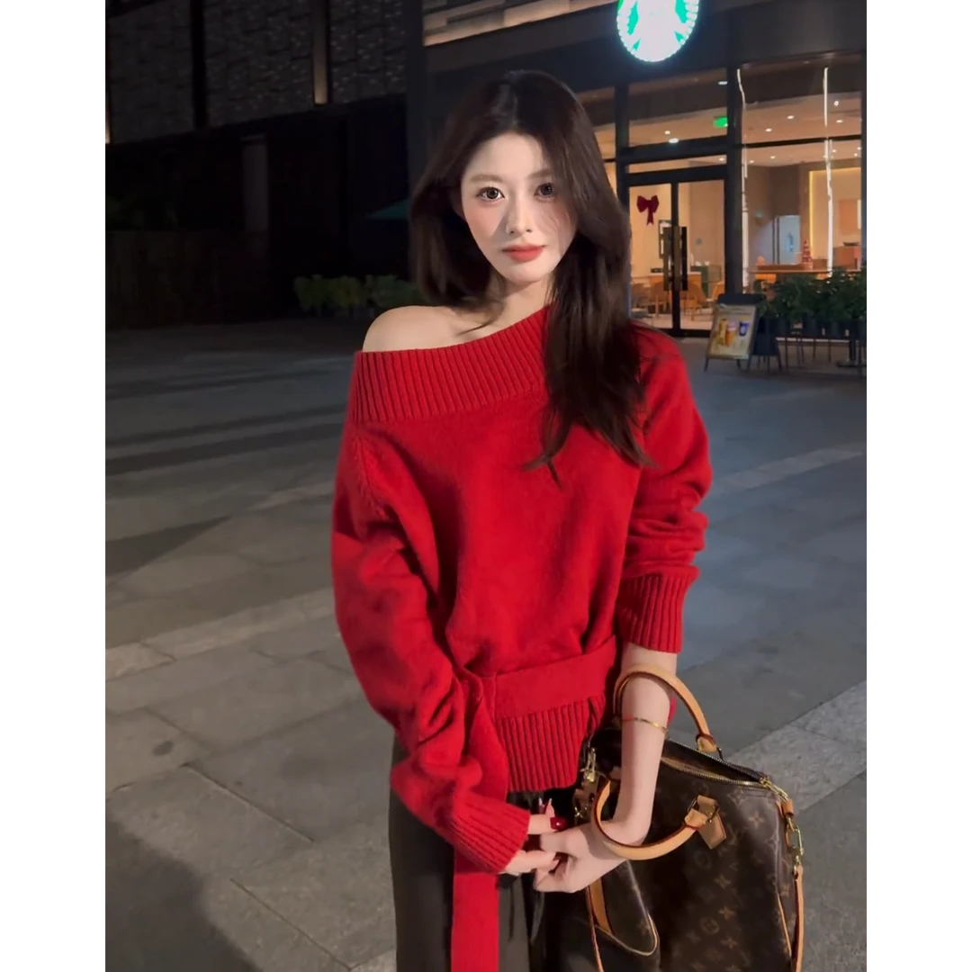 MARIE.COCO韩系红色一字肩毛衣秋冬穿搭绑带针织衫高级感露肩上衣