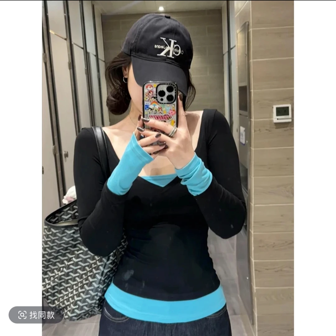 显瘦网红短款百搭春季薄款修身时尚拼色长袖T恤紧身拼接假两件