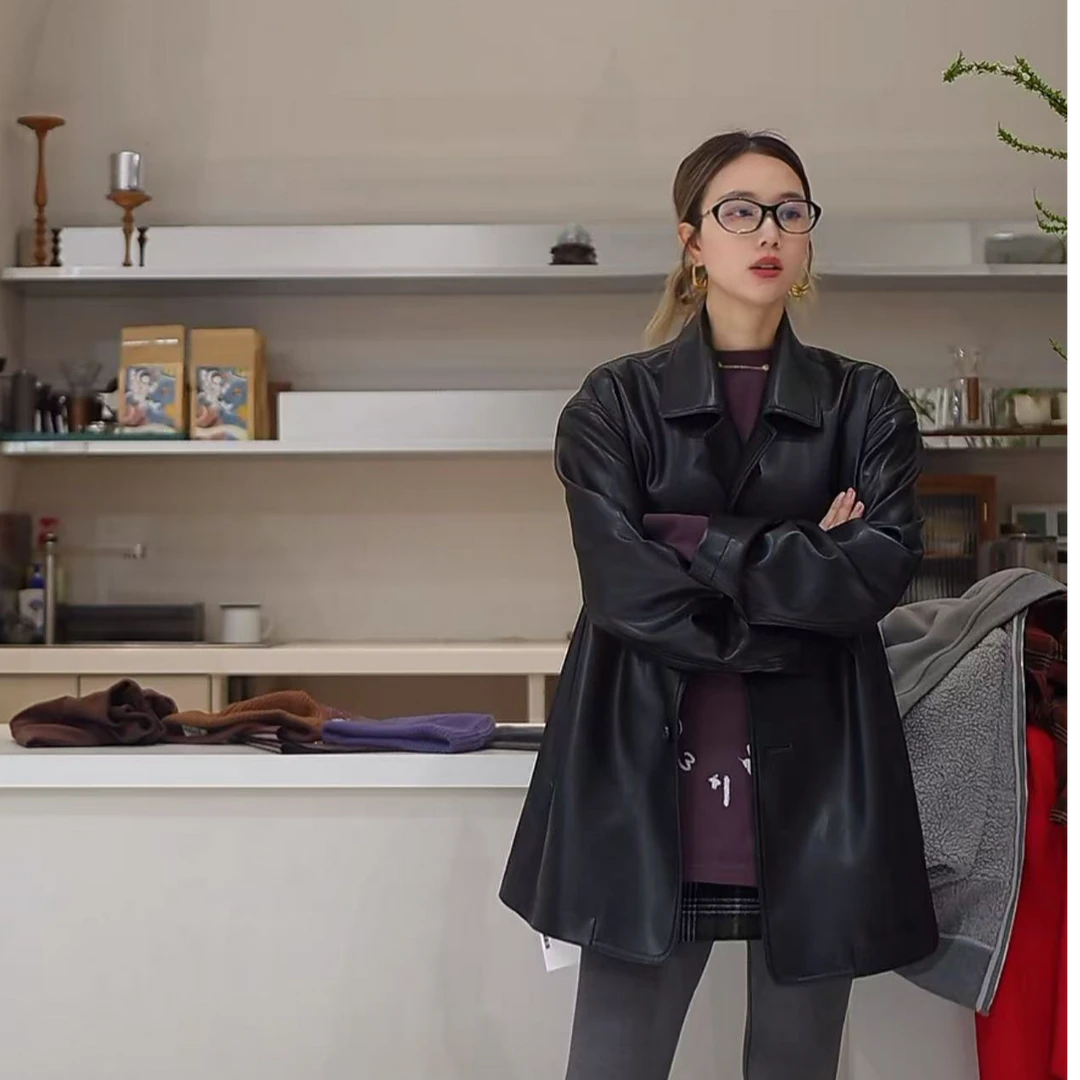 CPLUS 设计师品牌24秋冬新品翻领皮外套时尚休闲百搭宽松显瘦女士