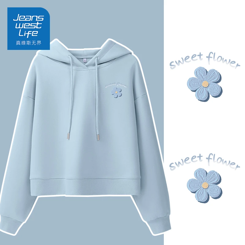 真维斯无界春秋季爆款印花简约胸标短款连帽卫衣休闲多巴胺穿搭女