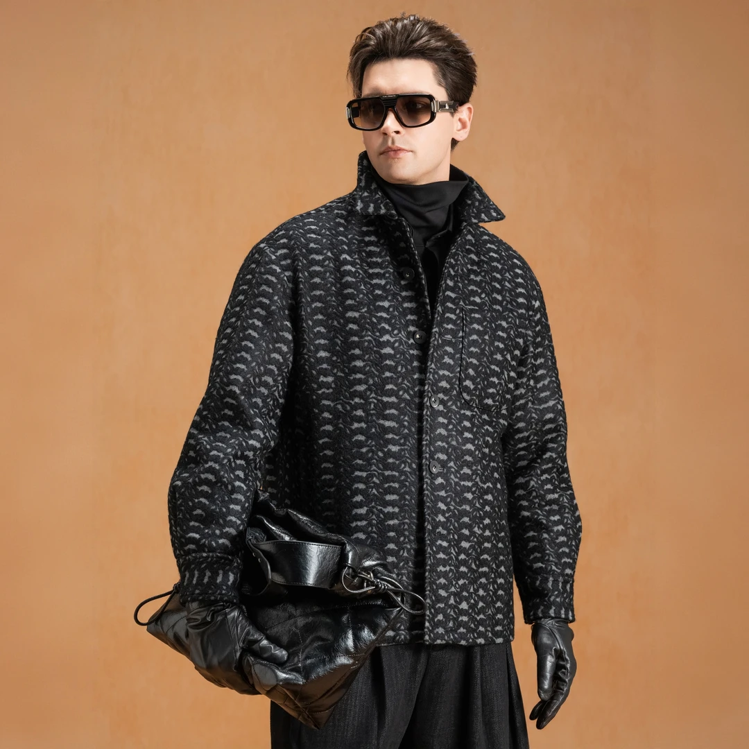 法尔利格高端轻奢提花外套潮牌时尚上衣长袖衬衫休闲士翻领衬衣