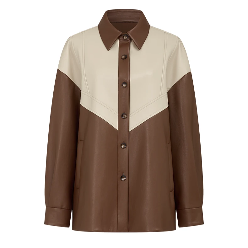 【珊珊专属】曼德诗撞色皮衣2024春装新款环保抗皱时尚Polo领外套