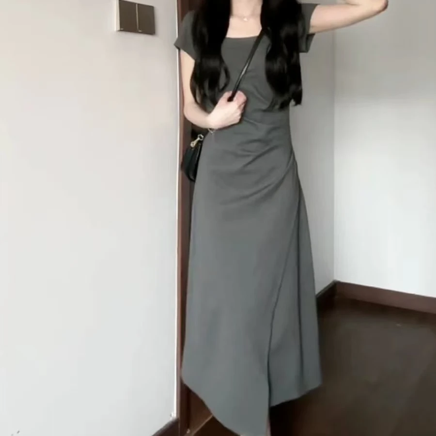 韩系U领正肩飞飞袖连衣裙女夏季新款中长款收腰显瘦包臀后妈裙子