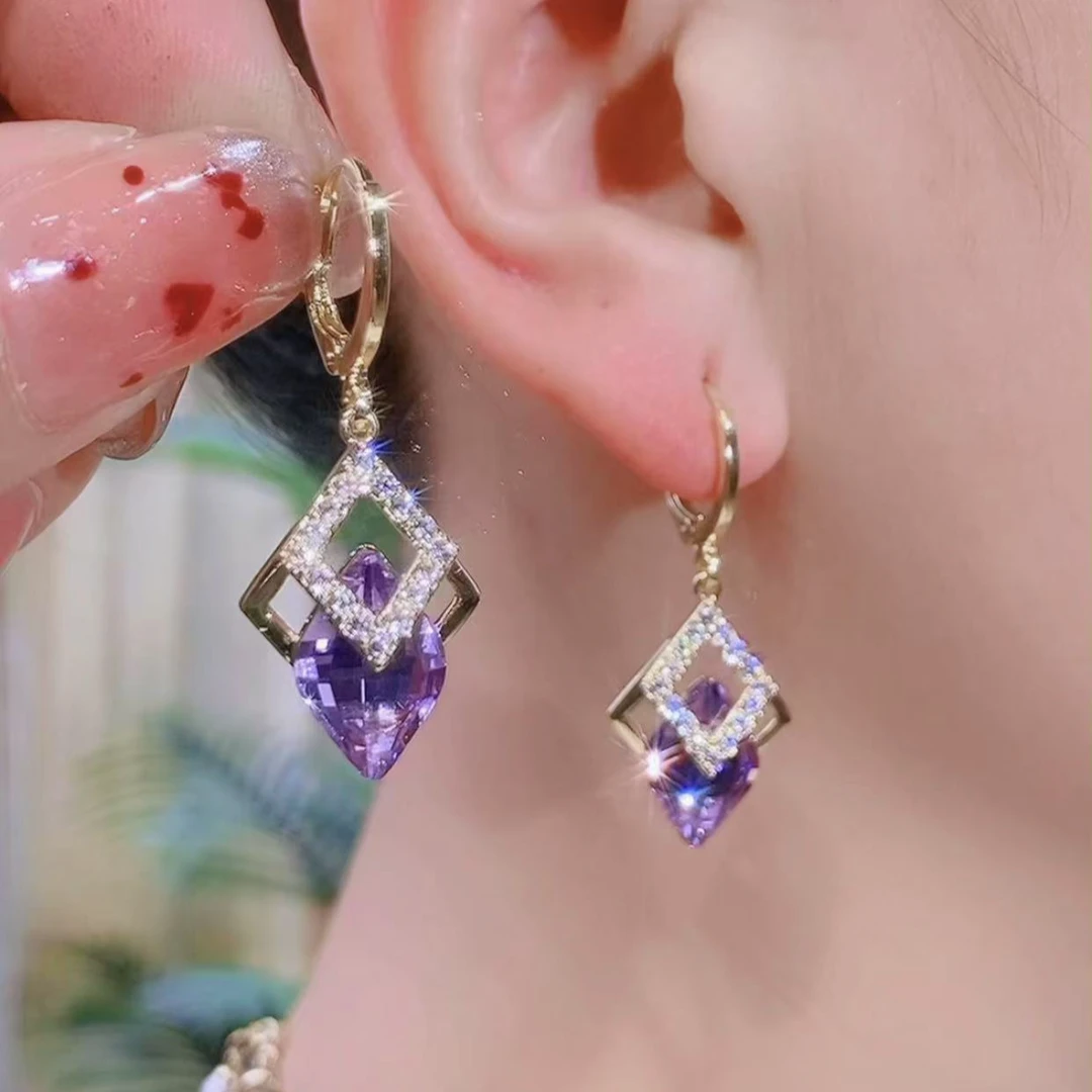 铜合金锆石耳饰 （401号）紫色菱形耳环紫气东来时尚轻奢耳环耳饰