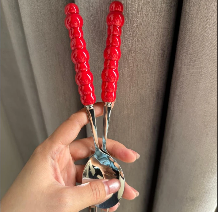 高颜值珍珠陶瓷手柄304不锈钢西餐牛排勺叉可爱家用套装