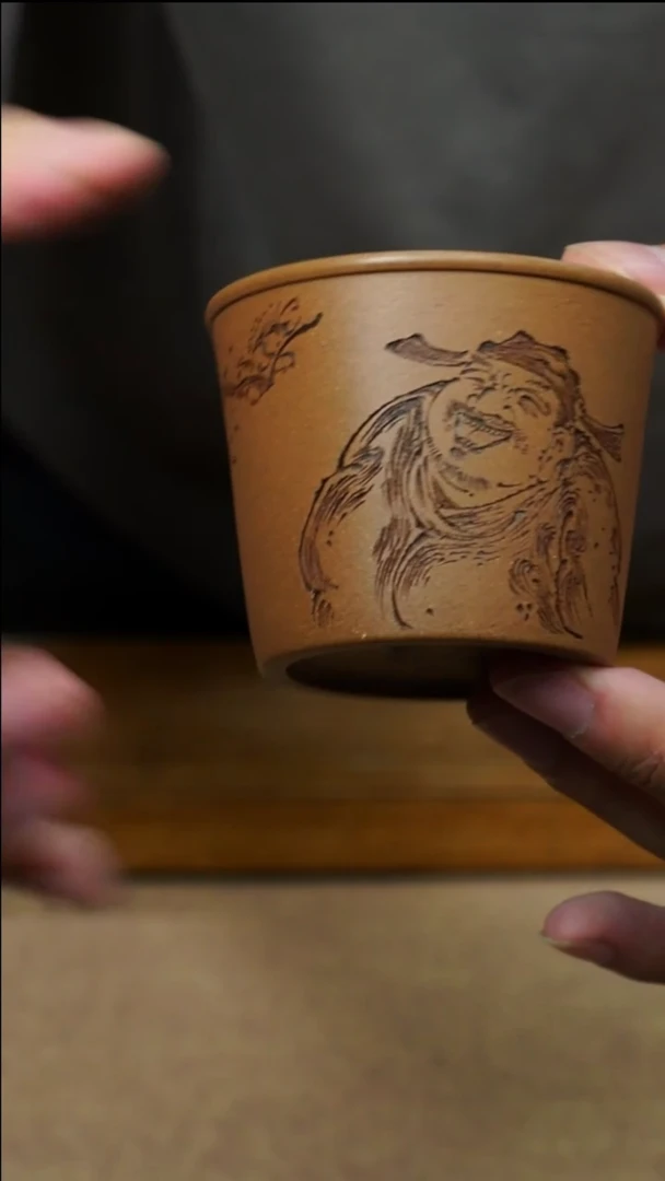 茶杯紫砂南柯记全手刻财神小杯