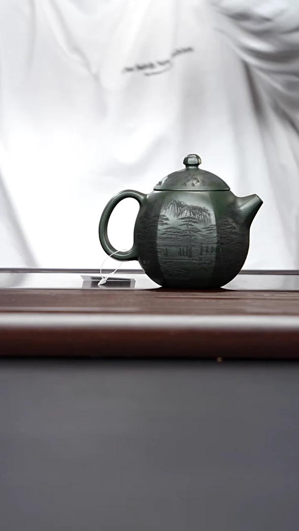 茶壶紫砂宜兴紫砂 六方龙蛋民国绿 钱兴芳