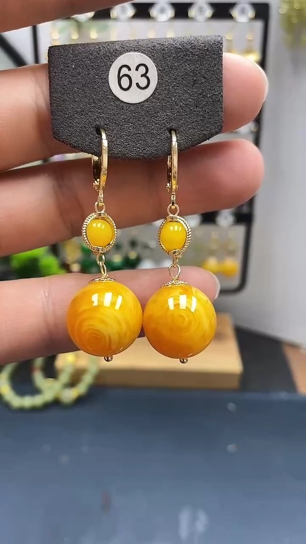 银S925镀金镶嵌蜜蜡耳饰尺寸16mm耳扣D1