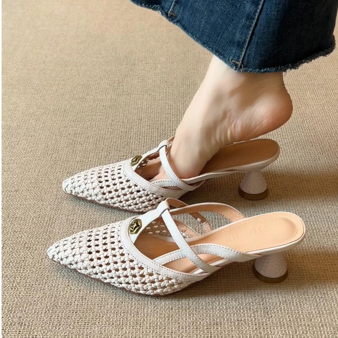 羊皮版~包头凉鞋女编织镂空凉拖法式时装气质尖头百搭高跟半拖鞋