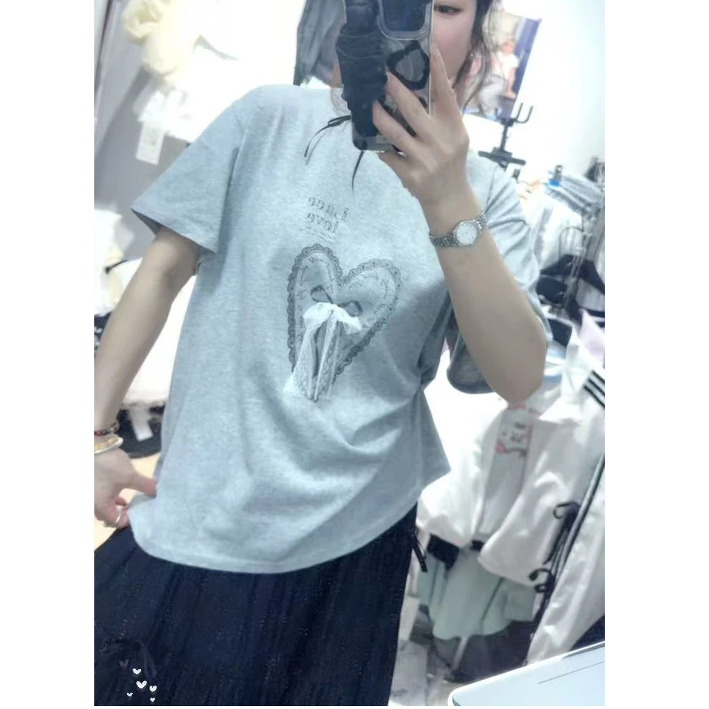 夏款新款印花蝴蝶结爱心高品质圆领短袖t恤