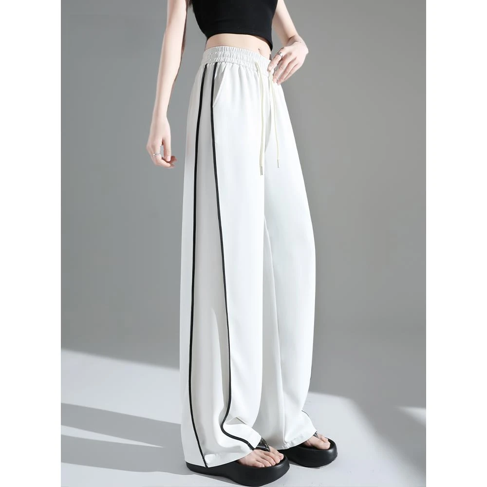 白色高腰冰丝阔腿裤女宽松春夏薄款垂感休闲运动侧边条女士直筒裤