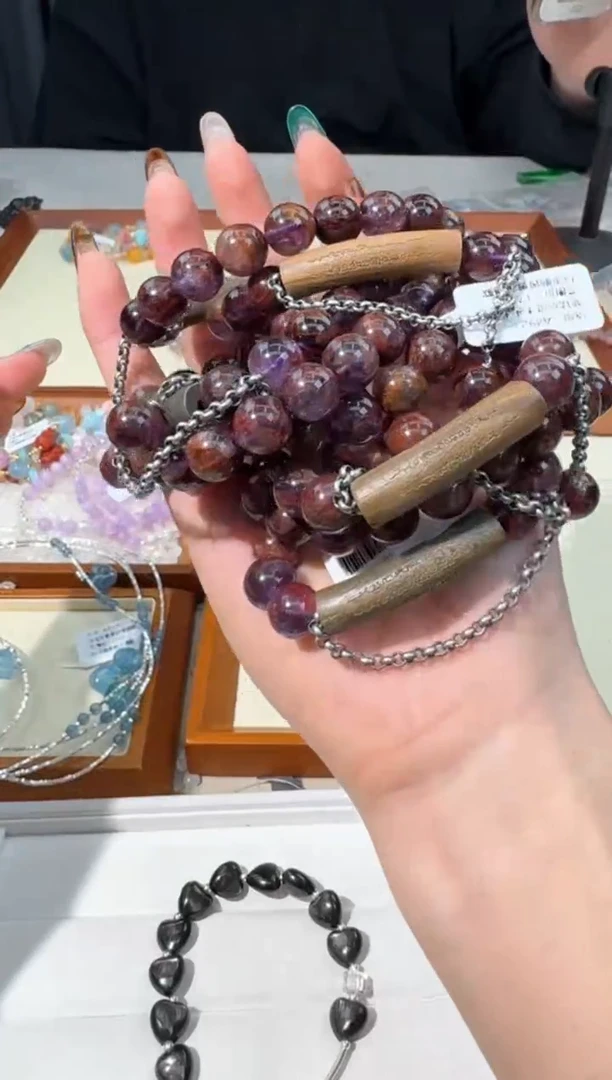 【闪购商品】水晶手串银S925镶嵌【默认矿坑】A065紫钛幽灵木头半镯款