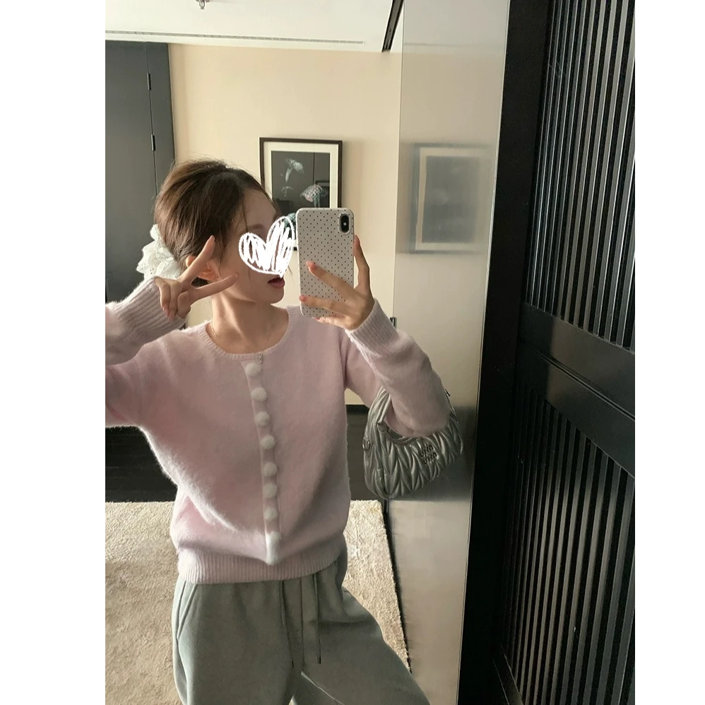 韩版秋冬圆领毛球针织衫时尚百搭长袖毛衣女#Y515