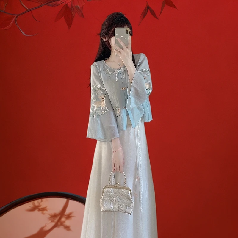 春夏季2025新款唐装改良盘扣上衣气质长裙子新中式中国风连衣裙女