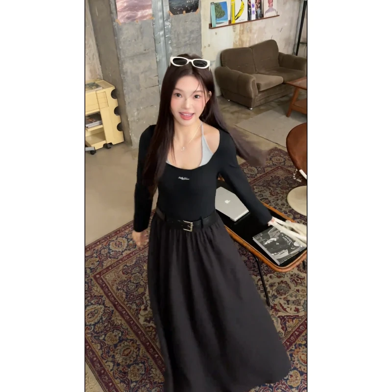 大码【仲夏夜之梦】秋季新款胖mm法式赫本风假两件针织拼接连衣裙长