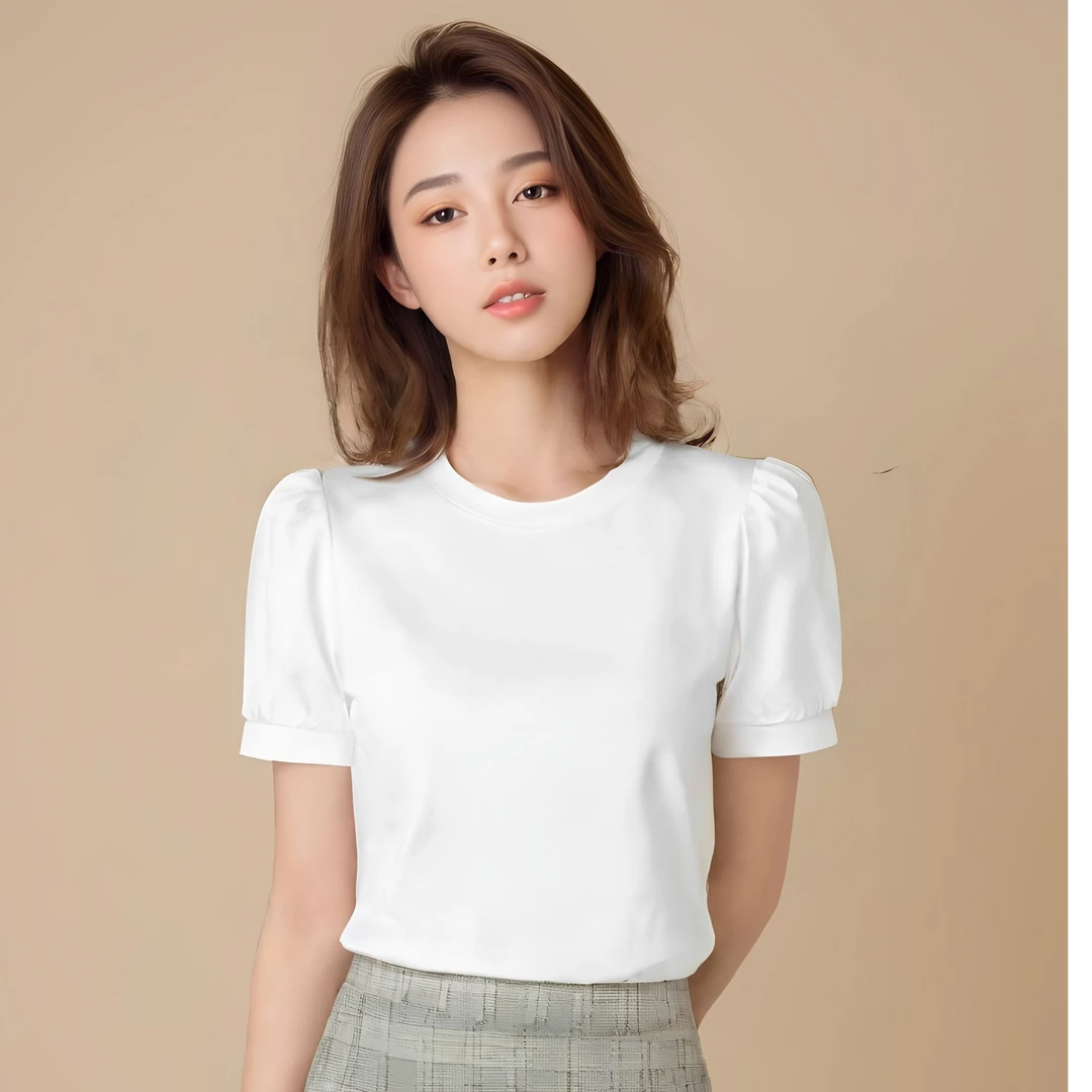 泡泡袖立领纯色圆领T恤短款设计感韩版夏季小众泡泡袖短袖58960
