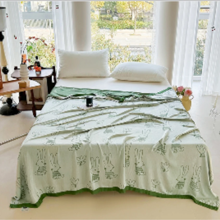 2024新款竹纤维夏被毛巾被盖毯 嘻皮兔-绿200*230cm 机洗凉感轻奢