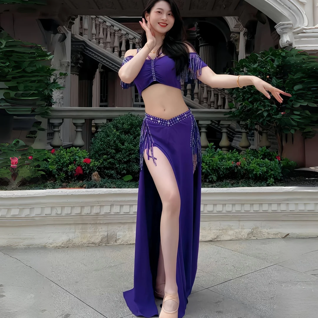蝶迷舞肚皮舞服装轻奢烫钻流苏设计感性感开叉长裙团服表演服套装