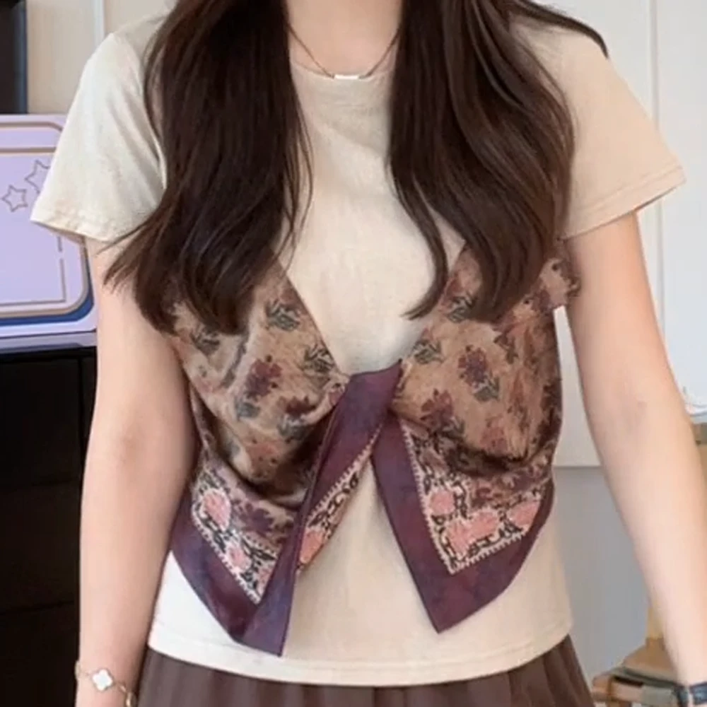 夏季休闲百搭复古圆领假两件T恤C5161