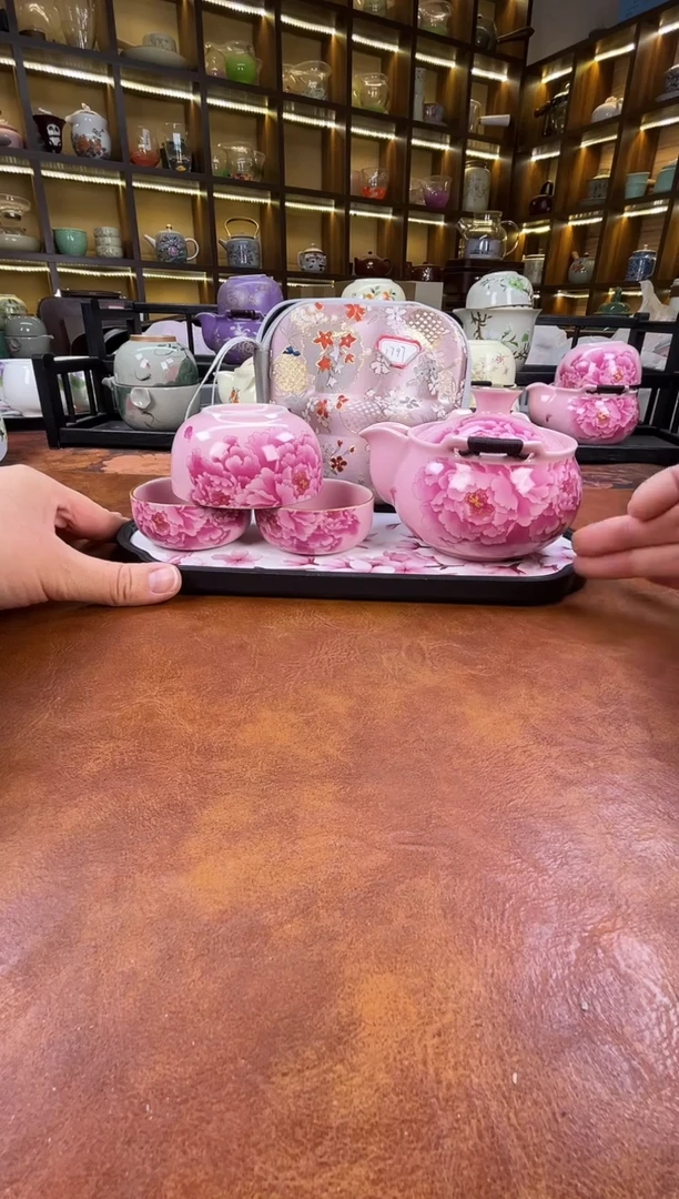 瓷片新款粉色牡丹宝瓶+长方粉色花朵盘