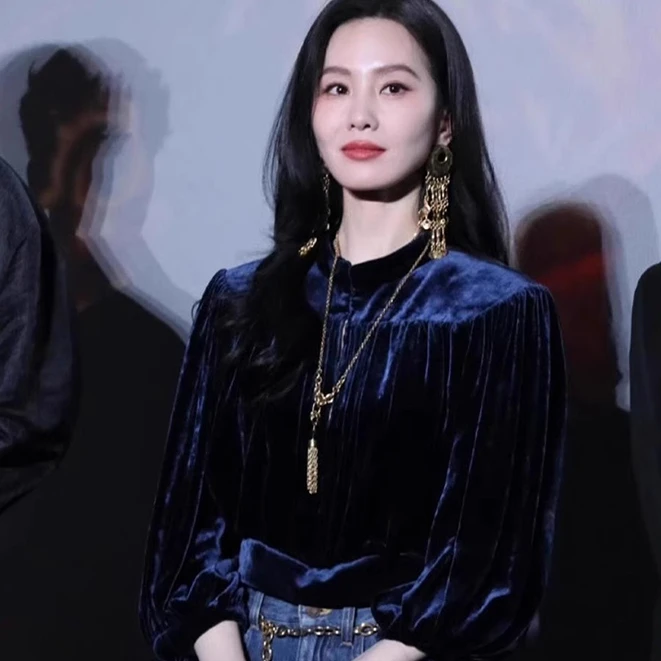 刘诗诗同款设计感百搭丝绒上衣25年春季款轻奢气质法式复古衬衫女