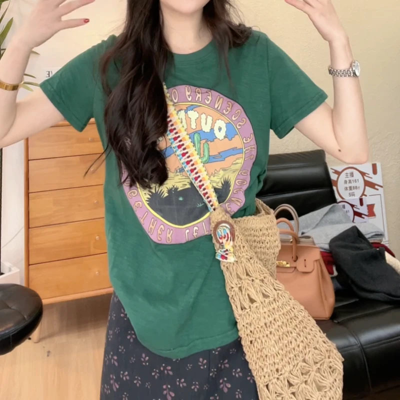 "仙人掌'2025春季新款设计感绿色百搭显瘦气质套头短袖LK2501319