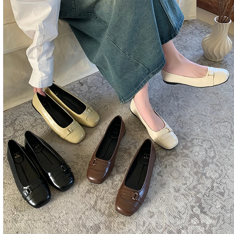2025春秋季新款皮带扣浅口低跟软底芭蕾鞋法式仙女晚晚鞋方头单鞋