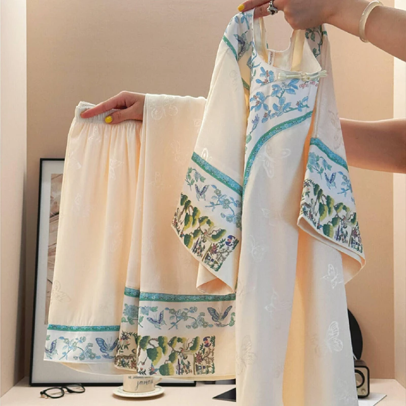 古风提花设计感短袖睡衣套装女夏季新款新中式花边宽松短裤居家服