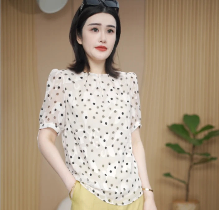 XJ2025新款显瘦波点夏季短袖'一衣两穿'上衣气质女装设计感法式