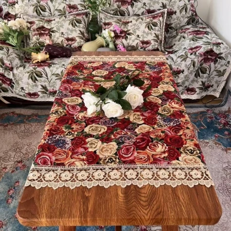 ZN163-33红玫瑰【100*100】红玫瑰棉麻交织布桌布茶几布