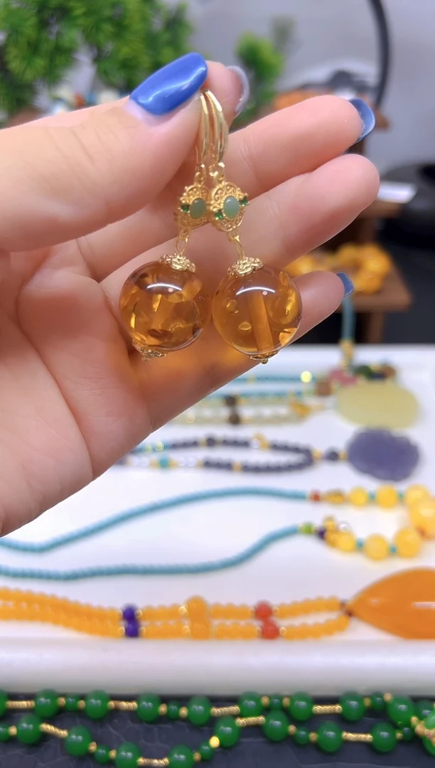 琥珀（花珀）14K金镶嵌耳饰E895