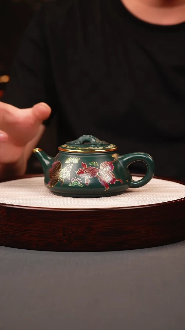 茶壶紫砂绿泥珐琅彩金鱼石瓢