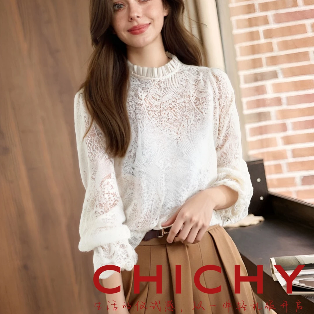 【粉丝专属】CHICHY圆领时尚蕾丝长袖镂空上衣衬衫CB1E006251