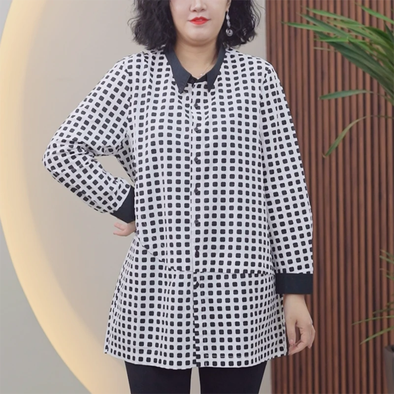 纯棉大码衬衫女百搭舒适亲肤中长款衬衣千鸟格数码印花春季外套