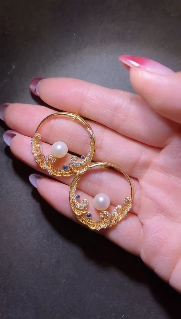 银S925镶嵌淡水珍珠耳饰海上生明月耳钉