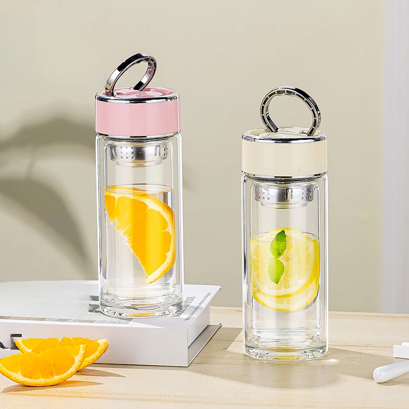 提环透明水杯玻璃杯双层玻璃杯便携男女休闲办公泡茶杯子玻璃水杯