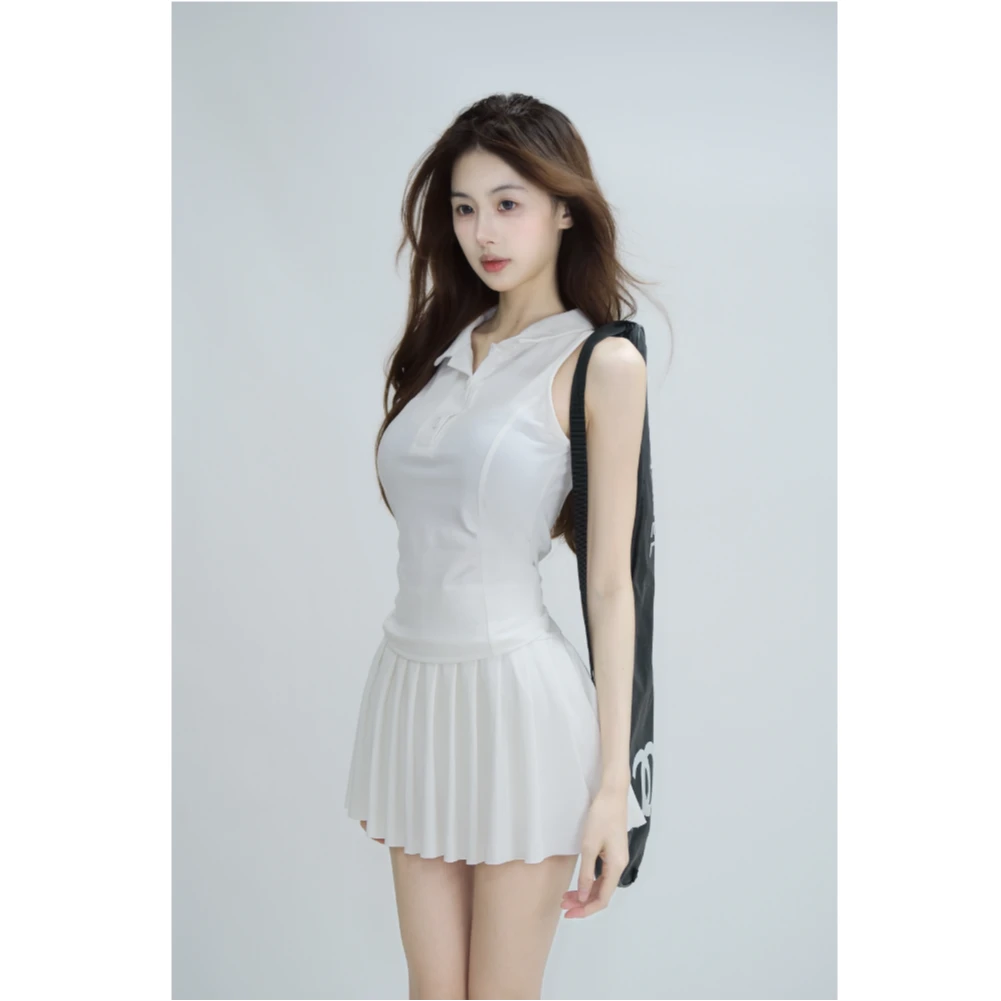 休闲时尚套装女夏季修身显瘦白色polo领无袖上衣a字短裙子两件套T