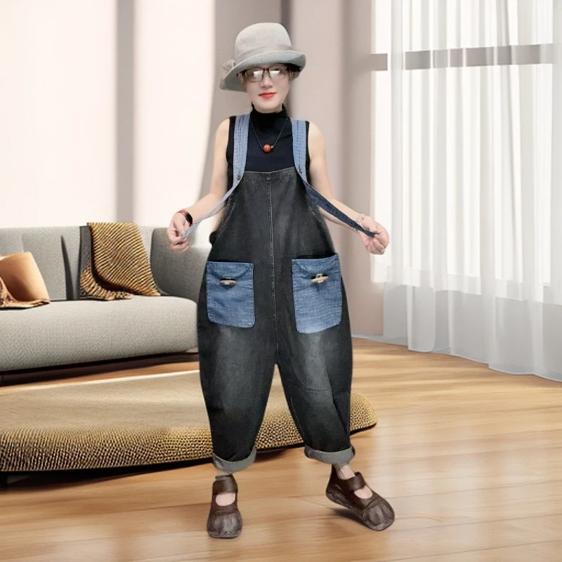 夏季个性百搭显瘦时尚牛仔宽松减龄V字肩带背带裤牛仔裤休闲阔腿