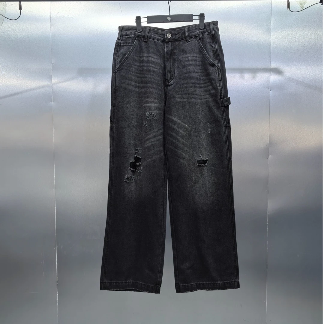 C05-41022-SAN春秋季水洗破洞风格设计直筒牛仔裤