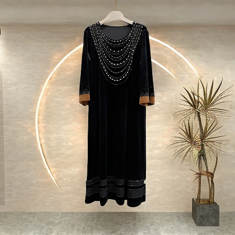 248267设计师轻奢气质显瘦遮肚子中老年妈妈装上档次重工连衣裙