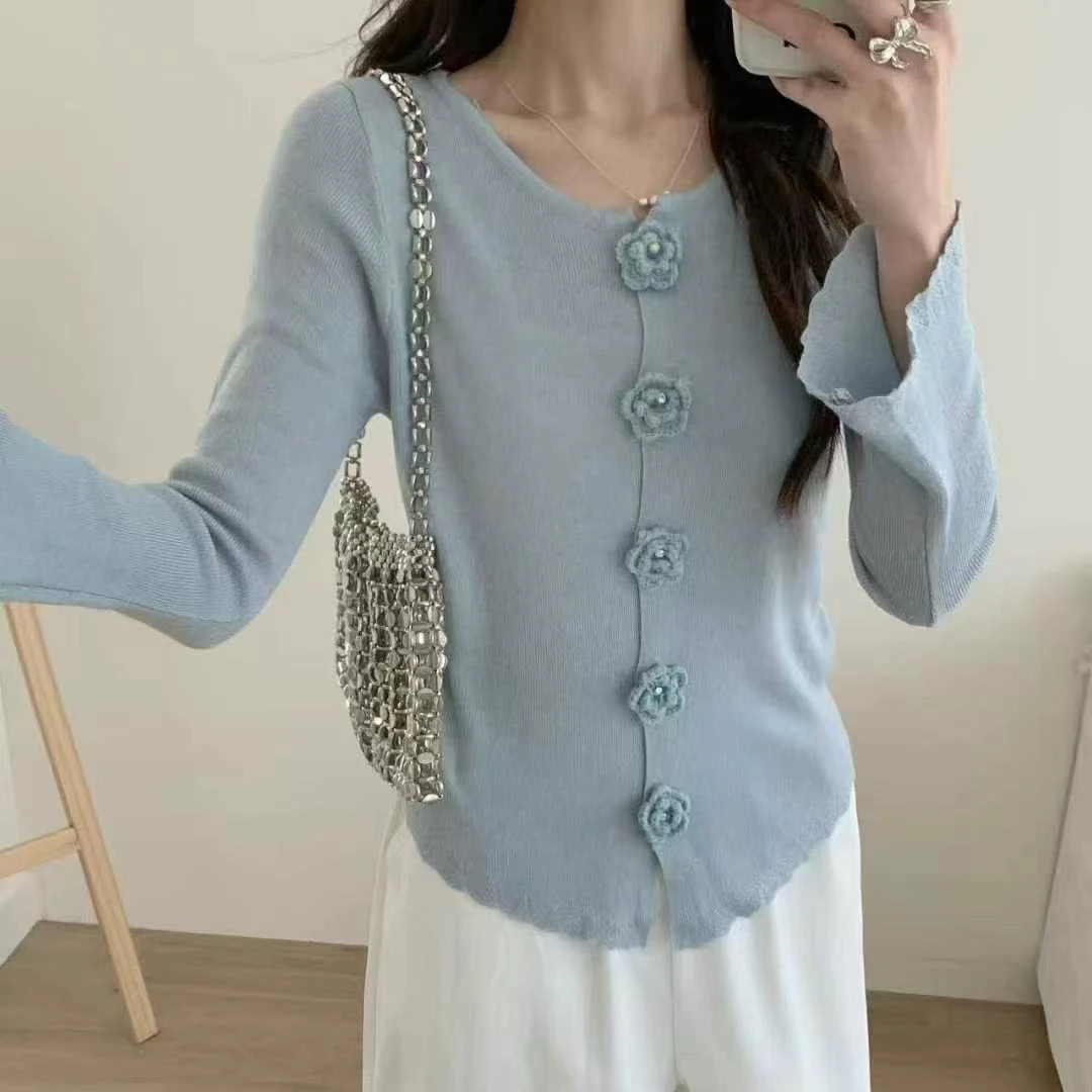 玫瑰花盘扣  气质长袖针织小香风显瘦洋气设计感春季新款