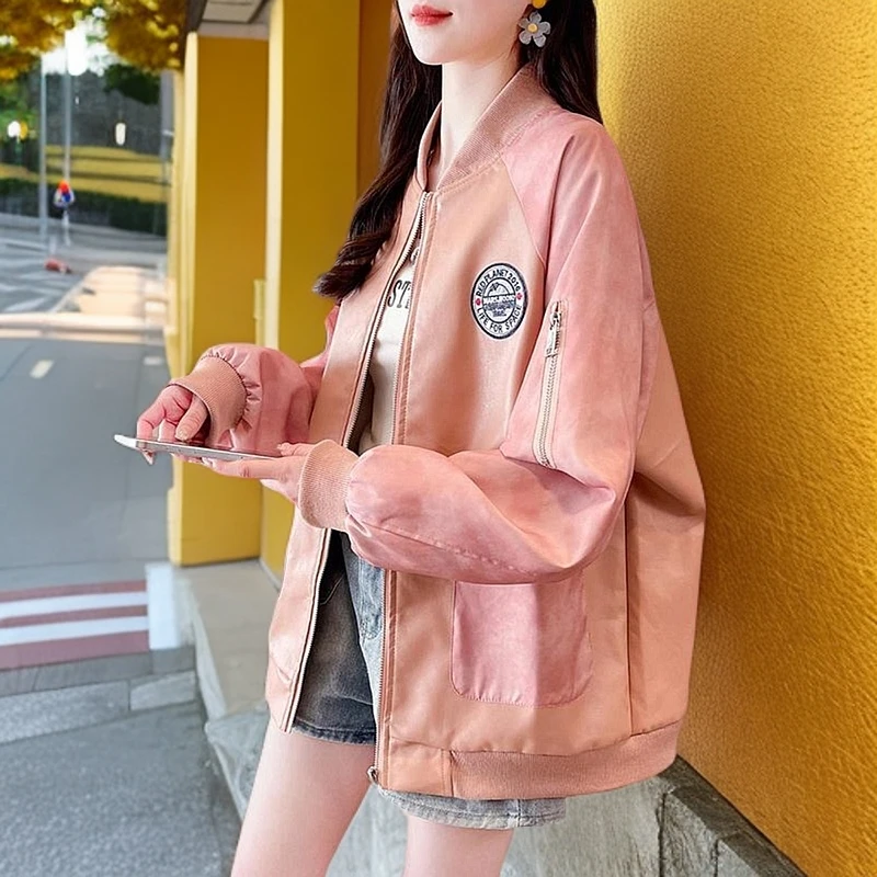 美式复古扎染PU皮夹克女春秋款时尚洋气网红宽松ins潮棒球服外套