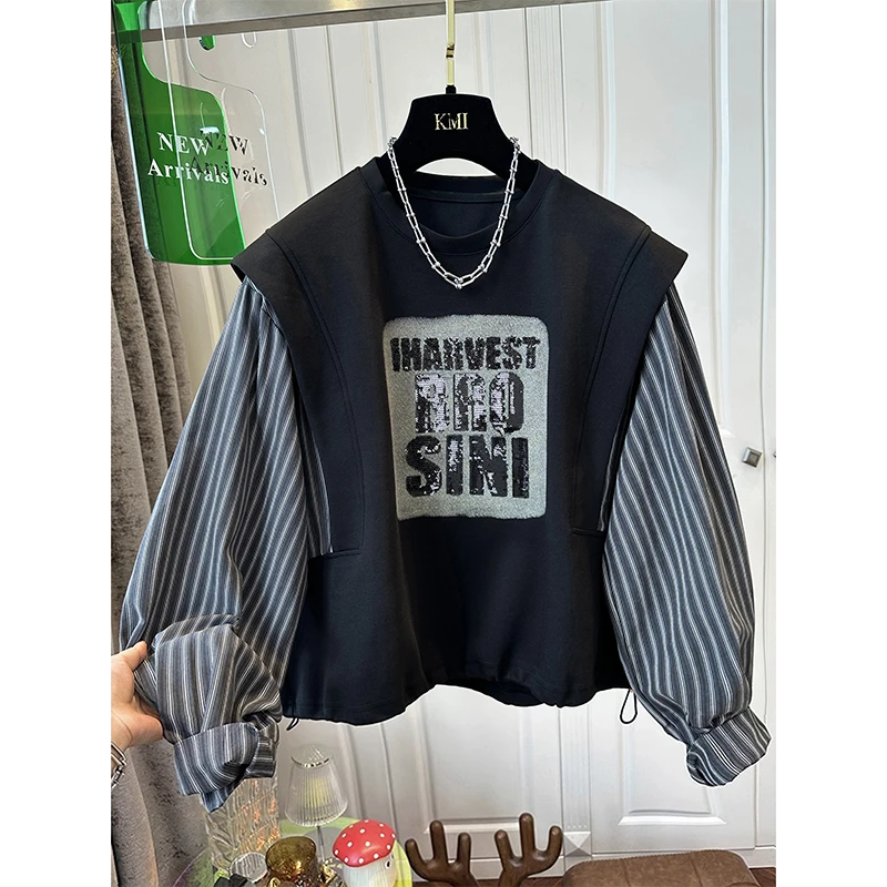 韩式2-300斤特大码条纹拼接无帽卫衣早秋男女复古假两件重磅外套